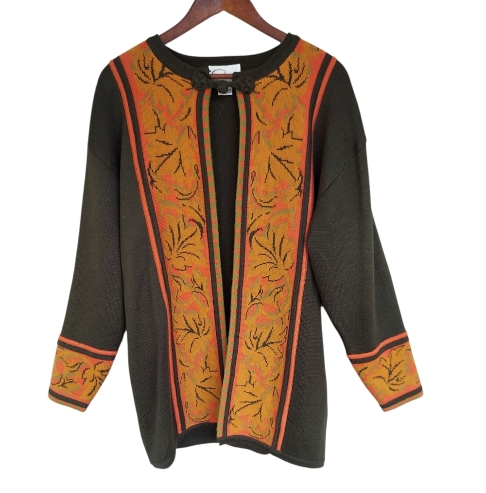 Vintage PAPPAGALLO Cardigan With Frog Closure Wool Blend Long Olive Green